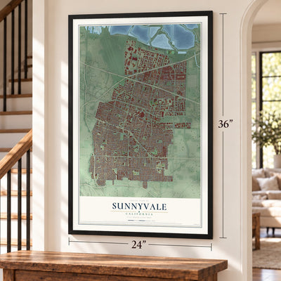 Sunnyvale, California map, 24 x 36 inch print in a black frame by a staircase
