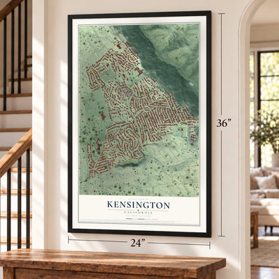 Kensington, California map, 24 x 36 inch print in a black frame by a staircase
