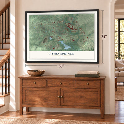 Lithia Springs, Georgia map, 24 x 36 inch print in a black frame above a dresser by a staircase