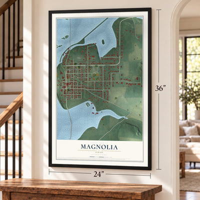 Magnolia, Ohio map, 24 x 36 inch print in a black frame by a staircase