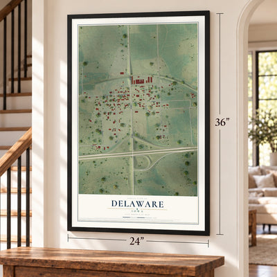 Delaware, Iowa map, 24 x 36 inch print in a black frame by a staircase