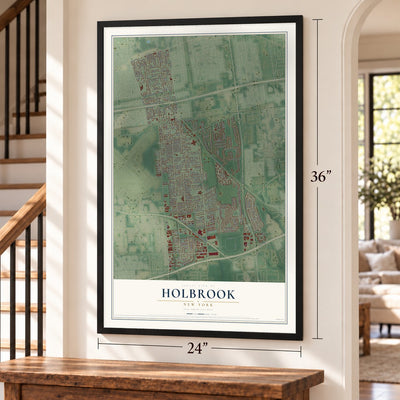 Holbrook, New York map, 24 x 36 inch print in a black frame by a staircase