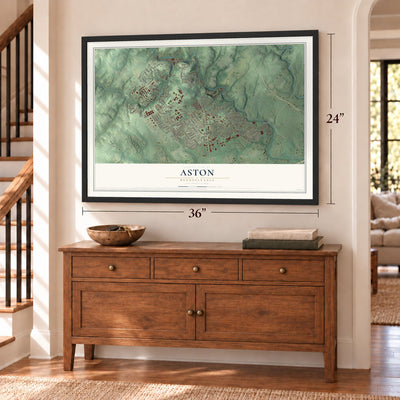 Aston, Pennsylvania map, 24 x 36 inch print in a black frame above a dresser by a staircase
