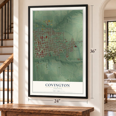 Covington, Indiana map, 24 x 36 inch print in a black frame by a staircase