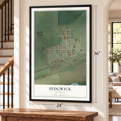 Sedgwick, Colorado map, 24 x 36 inch print in a black frame by a staircase