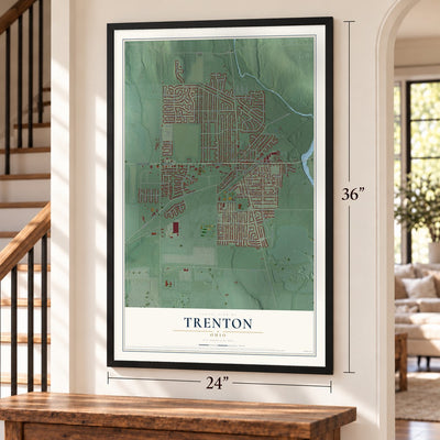 Trenton, Ohio map, 24 x 36 inch print in a black frame by a staircase