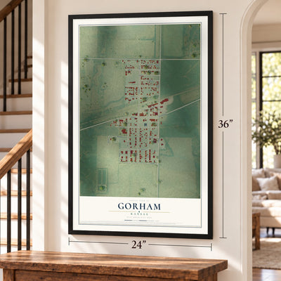 Gorham, Kansas map, 24 x 36 inch print in a black frame by a staircase