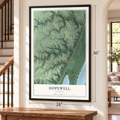 Hopewell, Illinois map, 24 x 36 inch print in a black frame by a staircase