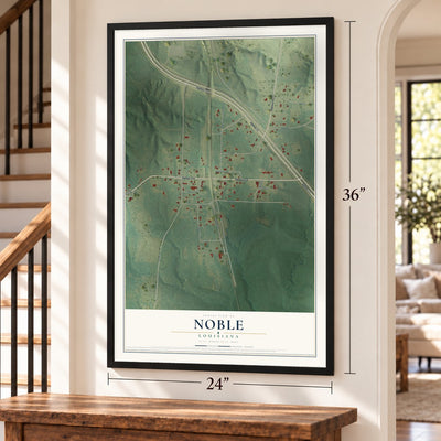 Noble, Louisiana map, 24 x 36 inch print in a black frame by a staircase