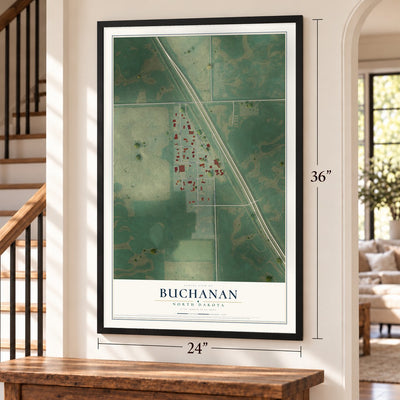 Buchanan, North Dakota map, 24 x 36 inch print in a black frame by a staircase