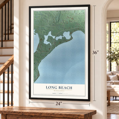 Long Beach, Minnesota map, 24 x 36 inch print in a black frame by a staircase