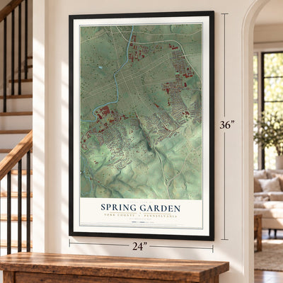 Spring Garden, York County, Pennsylvania map, 24 x 36 inch print in a black frame by a staircase