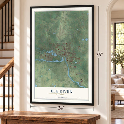 Elk River, Minnesota map, 24 x 36 inch print in a black frame by a staircase