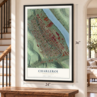 Charleroi, Pennsylvania map, 24 x 36 inch print in a black frame by a staircase