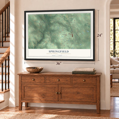 Springfield, Mercer County, Pennsylvania map, 24 x 36 inch print in a black frame above a dresser by a staircase