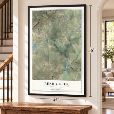 Bear Creek, Pennsylvania map, 24 x 36 inch print in a black frame by a staircase