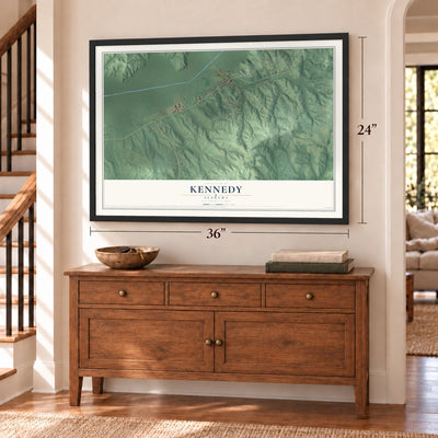Kennedy, Alabama map, 24 x 36 inch print in a black frame above a dresser by a staircase