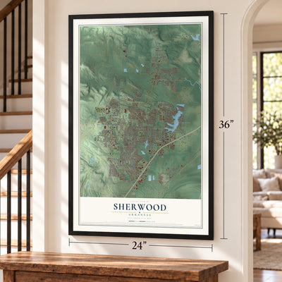 Sherwood, Arkansas map, 24 x 36 inch print in a black frame by a staircase