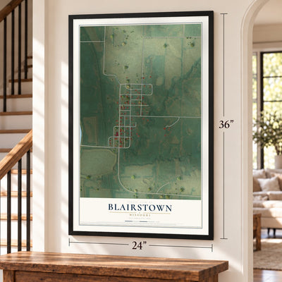 Blairstown, Missouri map, 24 x 36 inch print in a black frame by a staircase