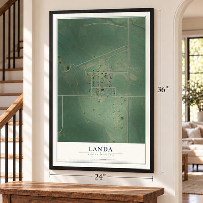 Landa, North Dakota map, 24 x 36 inch print in a black frame by a staircase