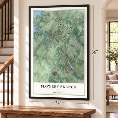 Flowery Branch, Georgia map, 24 x 36 inch print in a black frame by a staircase