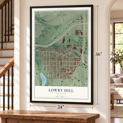 Lowry Hill, Minnesota map, 24 x 36 inch print in a black frame by a staircase
