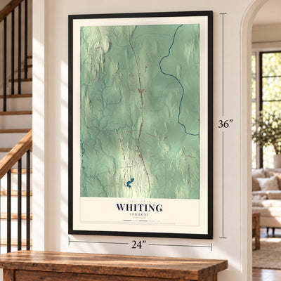 Whiting, Vermont map, 24 x 36 inch print in a black frame by a staircase