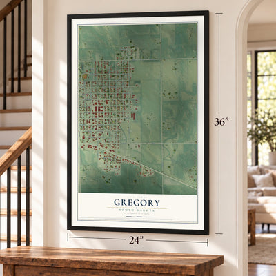 Gregory, South Dakota map, 24 x 36 inch print in a black frame by a staircase