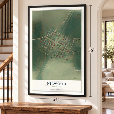 Nilwood, Illinois map, 24 x 36 inch print in a black frame by a staircase