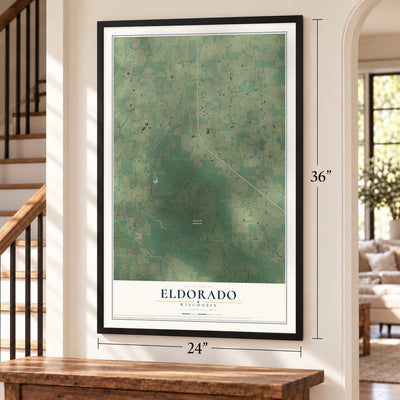 Eldorado, Wisconsin map, 24 x 36 inch print in a black frame by a staircase