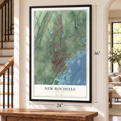 New Rochelle, New York map, 24 x 36 inch print in a black frame by a staircase