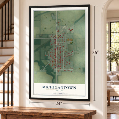 Michigantown, Indiana map, 24 x 36 inch print in a black frame by a staircase