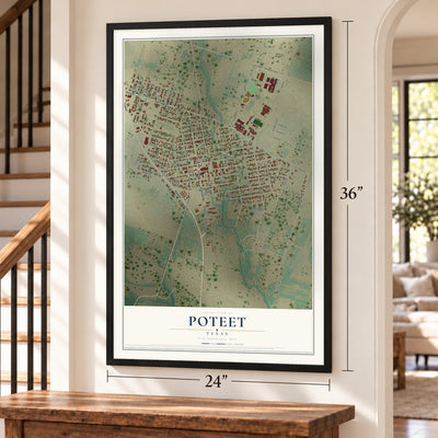 Poteet, Texas map, 24 x 36 inch print in a black frame by a staircase