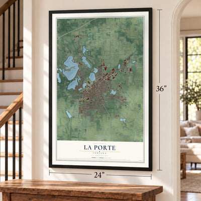 La Porte, Indiana map, 24 x 36 inch print in a black frame by a staircase