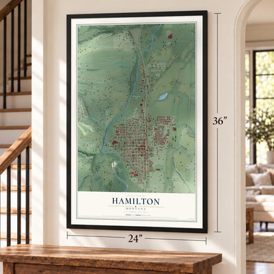 Hamilton, Montana map, 24 x 36 inch print in a black frame by a staircase