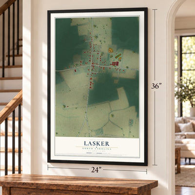 Lasker, North Carolina map, 24 x 36 inch print in a black frame by a staircase
