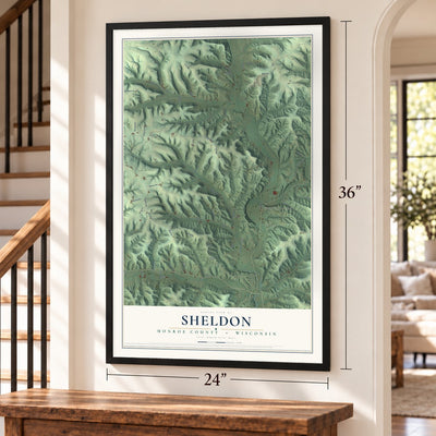 Sheldon, Monroe County, Wisconsin map, 24 x 36 inch print in a black frame by a staircase