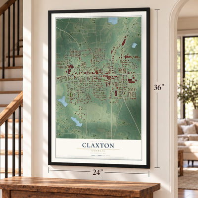 Claxton, Georgia map, 24 x 36 inch print in a black frame by a staircase