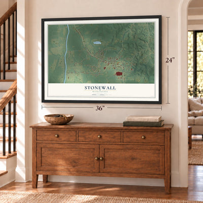 Stonewall, Mississippi map, 24 x 36 inch print in a black frame above a dresser by a staircase