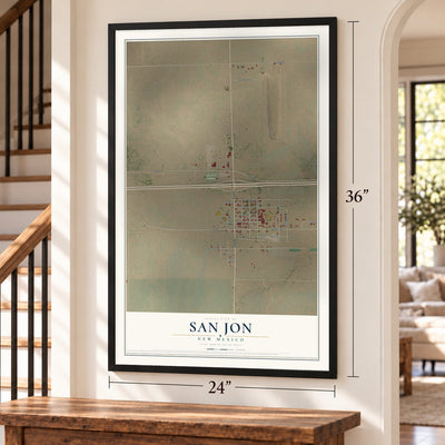 San Jon, New Mexico map, 24 x 36 inch print in a black frame by a staircase