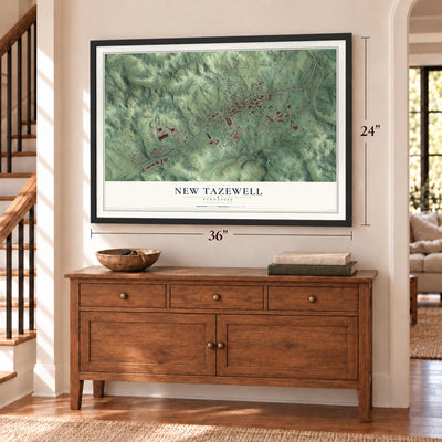 New Tazewell, Tennessee map, 24 x 36 inch print in a black frame above a dresser by a staircase