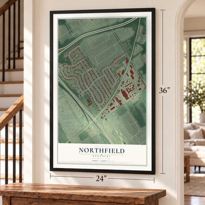 Northfield, Kentucky map, 24 x 36 inch print in a black frame by a staircase