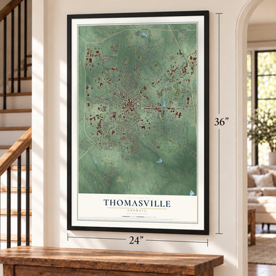 Thomasville, Georgia map, 24 x 36 inch print in a black frame by a staircase