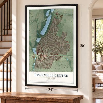 Rockville Centre, New York map, 24 x 36 inch print in a black frame by a staircase