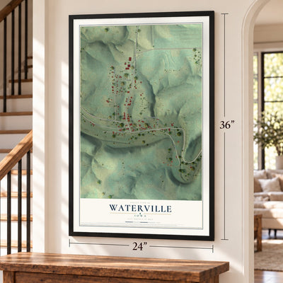 Waterville, Iowa map, 24 x 36 inch print in a black frame by a staircase
