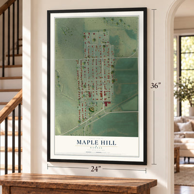 Maple Hill, Kansas map, 24 x 36 inch print in a black frame by a staircase