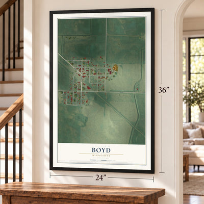 Boyd, Minnesota map, 24 x 36 inch print in a black frame by a staircase