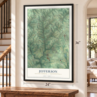 Jefferson, Butler County, Pennsylvania map, 24 x 36 inch print in a black frame by a staircase