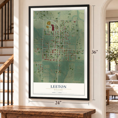 Leeton, Missouri map, 24 x 36 inch print in a black frame by a staircase