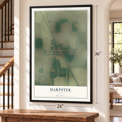 Harpster, Ohio map, 24 x 36 inch print in a black frame by a staircase